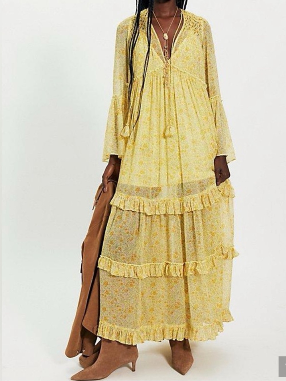 Free People Weeping Willows Pale Yellow Floral Tiered Maxi Dress Size Medium